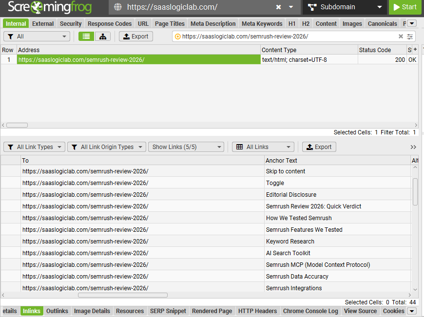 Screaming Frog inlinks and anchor text for Semrush Review 2026